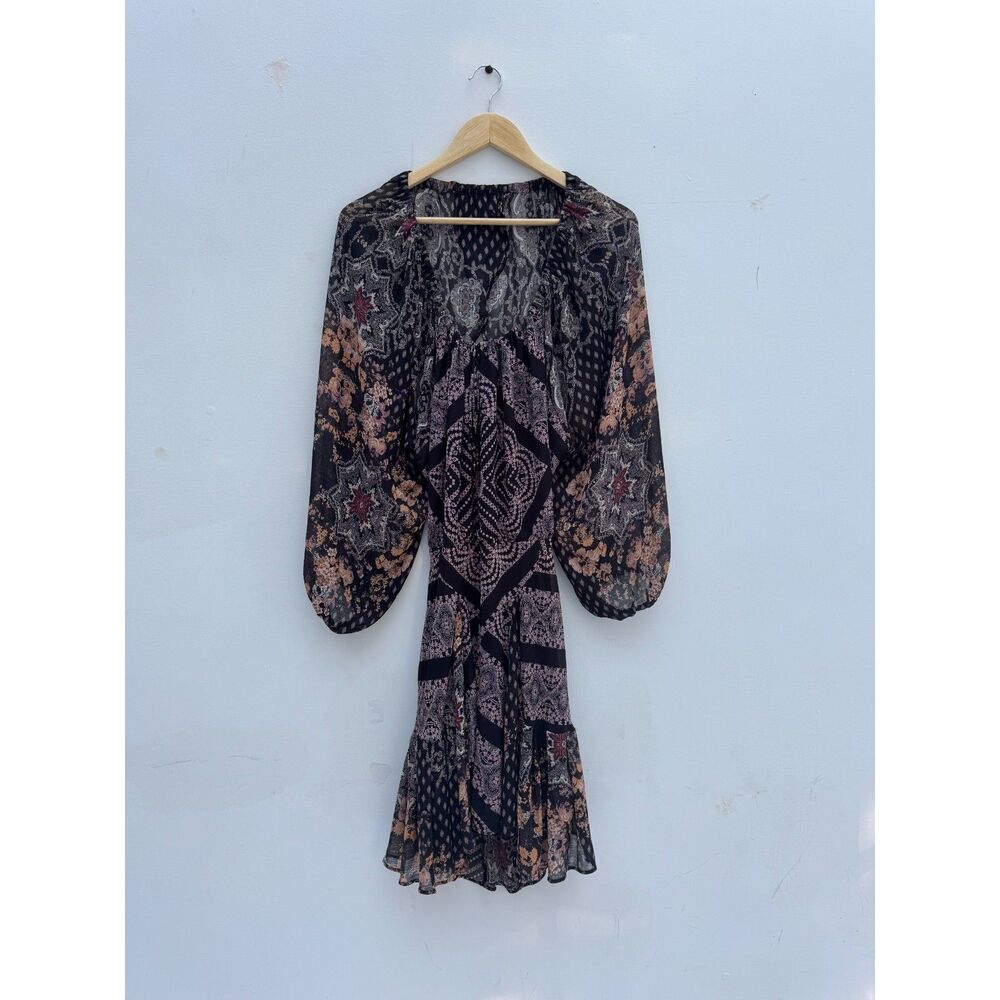 Free People Seven Wonders Patchwork Cutout Mini Dress Black Mixed Print M